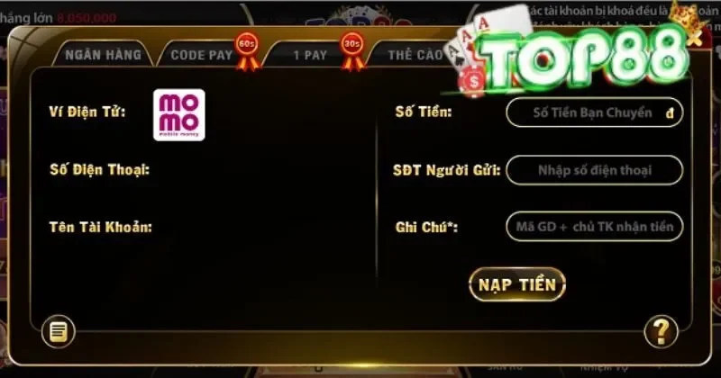 Nạp Tiền Top88 – Hướng dẫn nạp tiền đơn giản tại cổng game Top88 uy tín 3 nap tien top88 qua vi momo